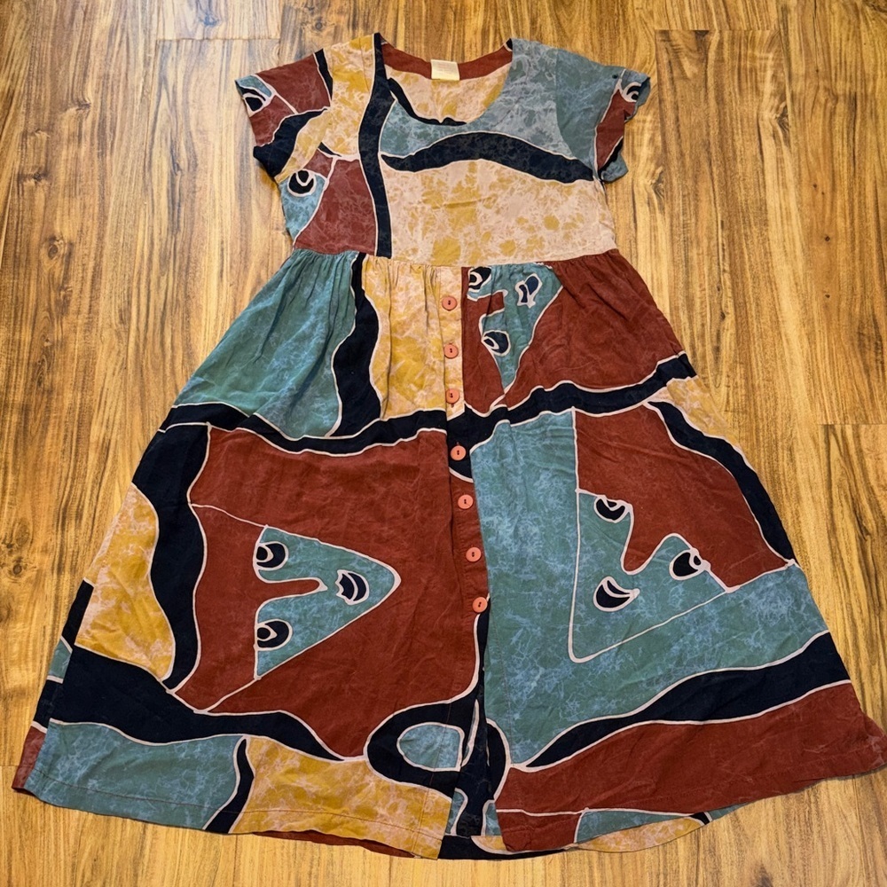 World Apart women dress medium large Abstract red teal Midi maxi art pockets VTG